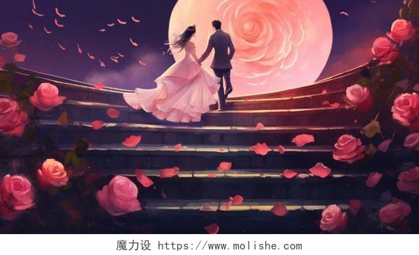 情侣走在楼梯上手绘人物插画浪漫阶梯粉色玫瑰婚纱西装梦幻唯美夜空月亮七夕情人节